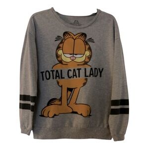 GARFIELD PAWS gray sweatshirt sz Medium.  Lightweight.Long sleeves blue stripes.